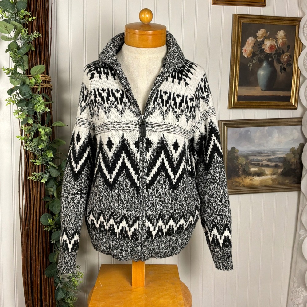 Old Navy Full Zip Cardigan Sweater Womens Small Black White Fair Isle Excellent